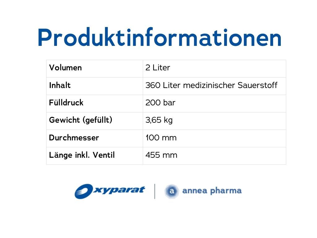 Produktinformationen 2 Liter Sauerstoffflasche: Volumen.: 2 L, Inhalt: 360 Liter medizinischer Sauerstoff, Fülldruck: 200 bar, Gewicht (gefüllt): 3,65 kg, Durchmesser: 100 mm & Länge inkl. Ventil: 455 mm